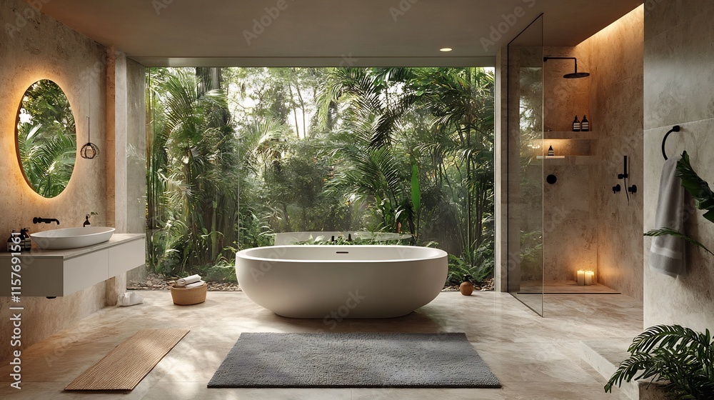 Fototapeta premium Zen-Inspired Minimalist Bathroom with Freestanding Tub and Natural Stone Finishes