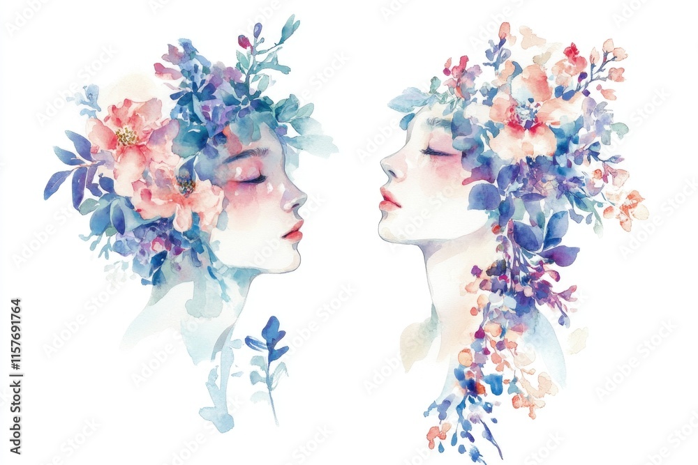 Naklejka premium Two women adorn themselves with floral headpieces