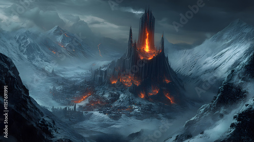 Burning Cityscape top view scene volcano eruption background mountain volcano seen image