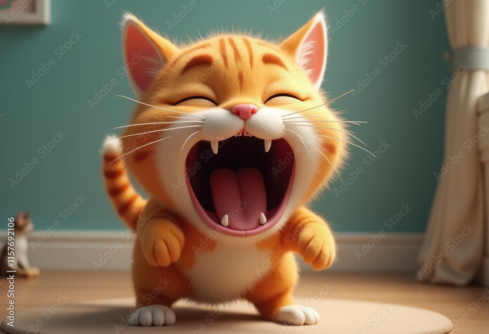 Fototapeta premium A cute cartoon cat with big eyes and a wide open mouth laughs loudly.