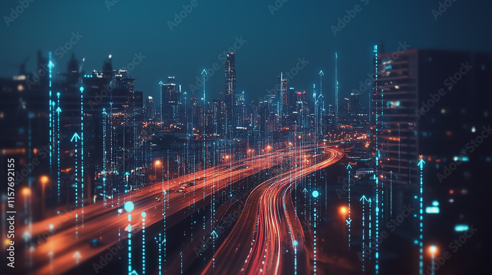 Smart digital Innovation city with connection network reciprocity over the cityscape. of future smart wireless digital city and social media networking systems that connects people with in city Smart digital Innovation city with connection network reciprocity over the cityscape. of future smart wireless digital city and social media networking systems that connects people with in city