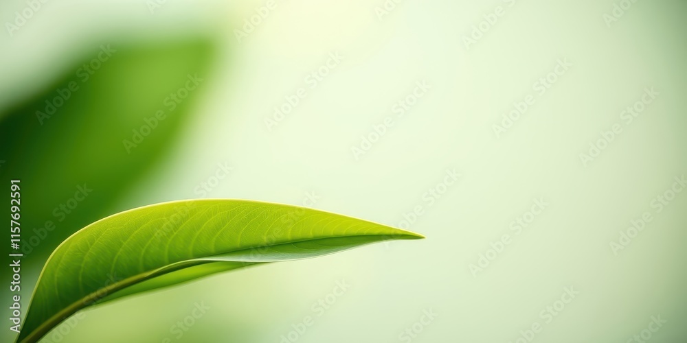Fototapeta premium A vibrant green leaf, illuminated by soft light, extends towards a tranquil, pale background, creating a serene and peaceful image.