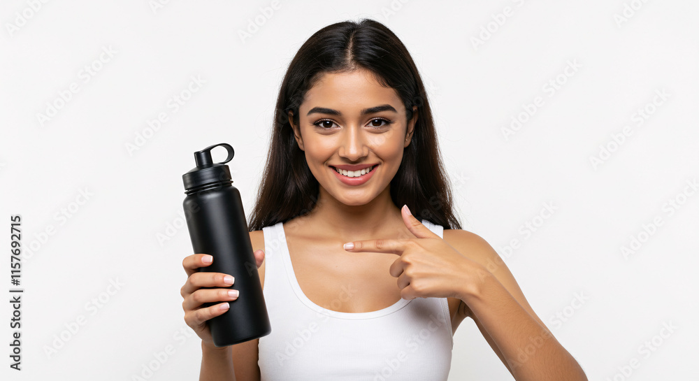 A beautiful girl pointing at a bottle of water A beautiful girl pointing at a bottle of water