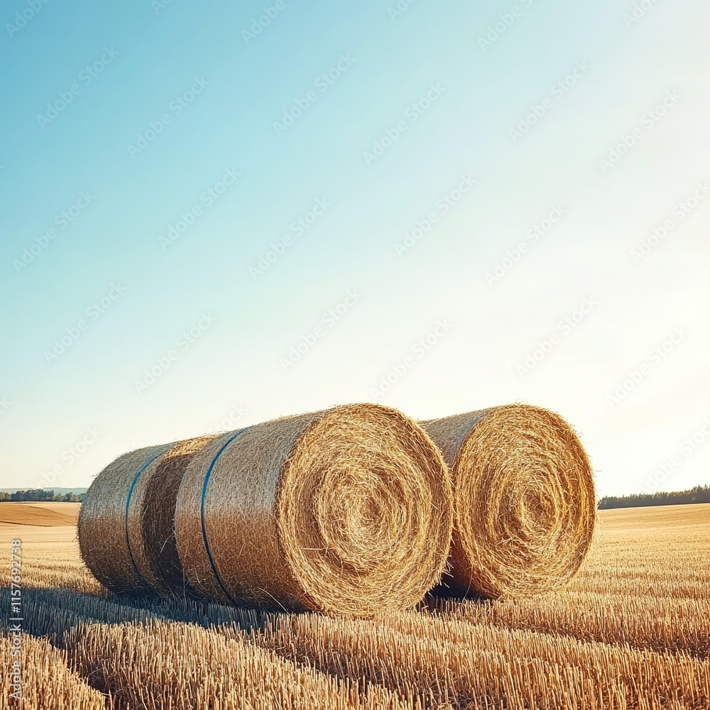 Beautiful photograph of hay bales in the middle of an open field with a clear blue sky. Beautiful photograph of hay bales in the middle of an open field with a clear blue sky.