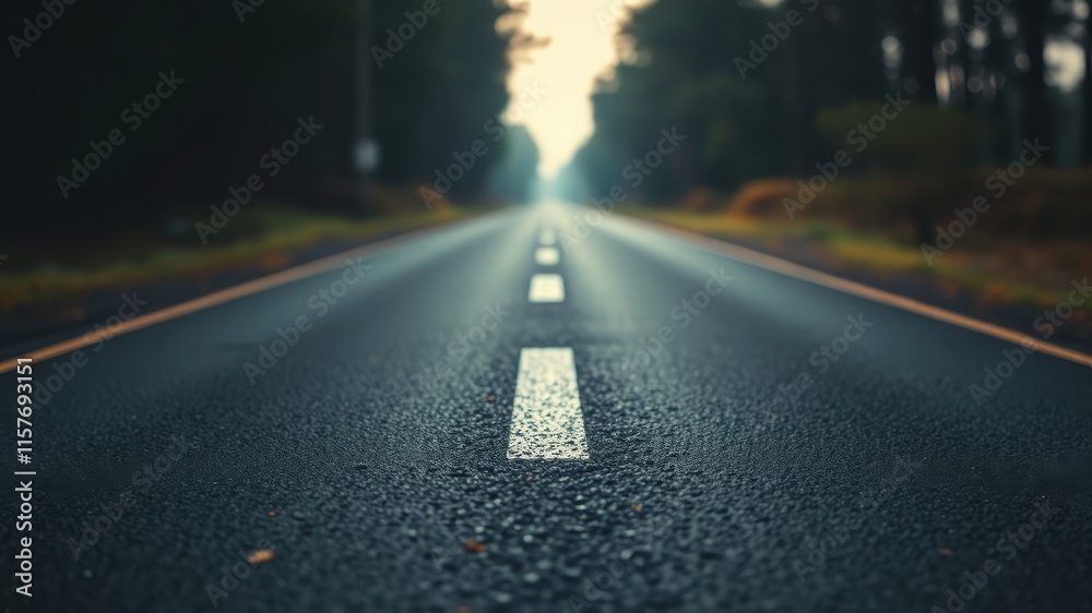 Asphalt Road Stretching Towards a Hazy Horizon, Showing a Sense of Journey and Open Road Ahead Asphalt Road Stretching Towards a Hazy Horizon, Showing a Sense of Journey and Open Road Ahead