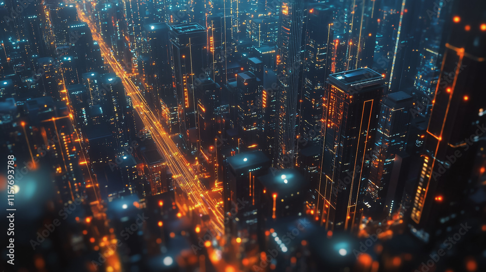 Obraz premium Smart digital Innovation city with connection network reciprocity over the cityscape. of future smart wireless digital city and social media networking systems that connects people with in city