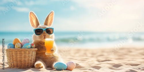 Fototapeta Naklejka Na Ścianę i Meble -  A cheerful and happy Easter bunny is enjoying a wonderfully relaxing day at the beach where colorful eggs are scattered around and it is savoring a refreshing tropical drink under the sunshine