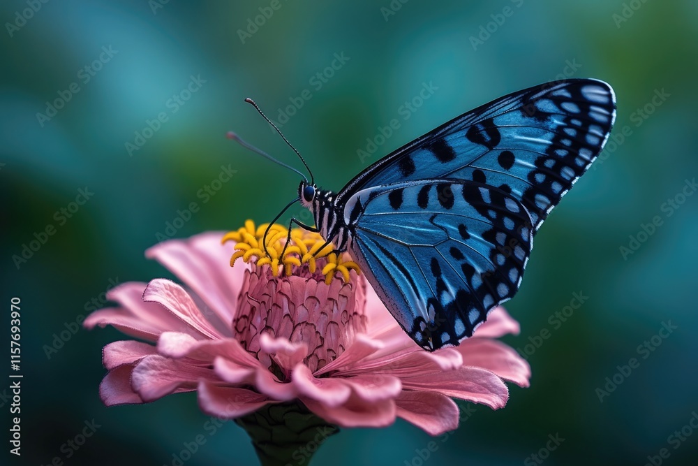 A blue butterfly perched on the petals of a bright pink flower, ready to take flight A blue butterfly perched on the petals of a bright pink flower, ready to take flight