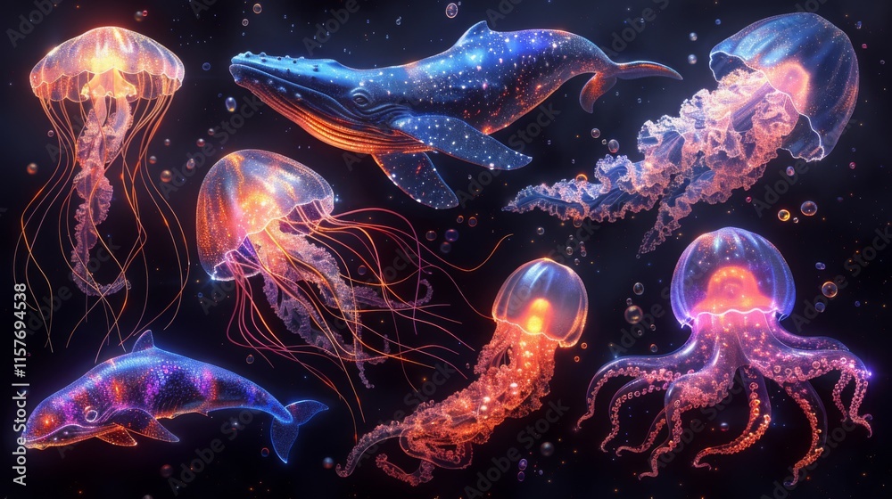 Naklejka premium Develop a collection of neon marine life symbols, including shining