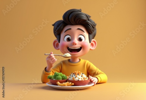 A cartoon boy happily eating rice with a spoon.