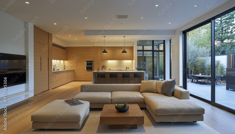 Fototapeta premium Modern Open Plan Living Room Design with Kitchen Patio