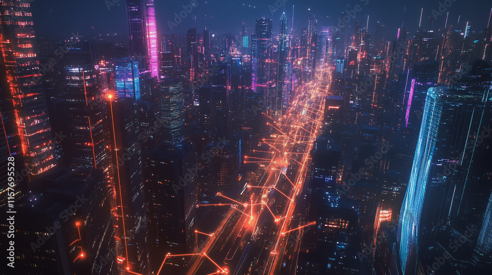 Obraz premium Smart digital Innovation city with connection network reciprocity over the cityscape. of future smart wireless digital city and social media networking systems that connects people with in city