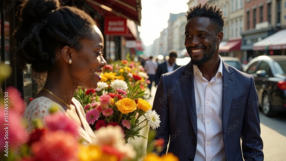 A young African American man with a girl chooses a bouquet at a flower fair on a city street A young African American man with a girl chooses a bouquet at a flower fair on a city street