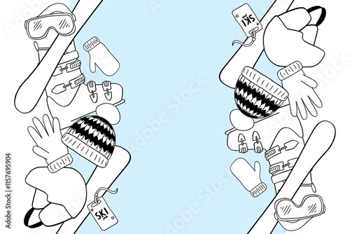 Seamless winter border with ski equipment Skis, boots, sunglasses, hat, gloves, mitten in graphic line style. Vector vertical graphic line template on transparent background.