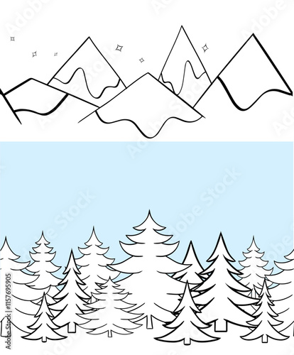 Pine tree and snowy peaks of mountains seamless border template concept. winter landscape. Vector graphic line nature. forest and mountains. illustration with winter. wrapping paper