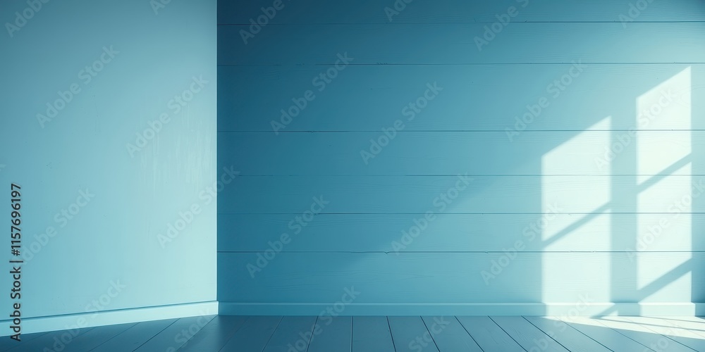 Fototapeta premium Serene Blue Room Corner with Sunlight Streaming Through Window