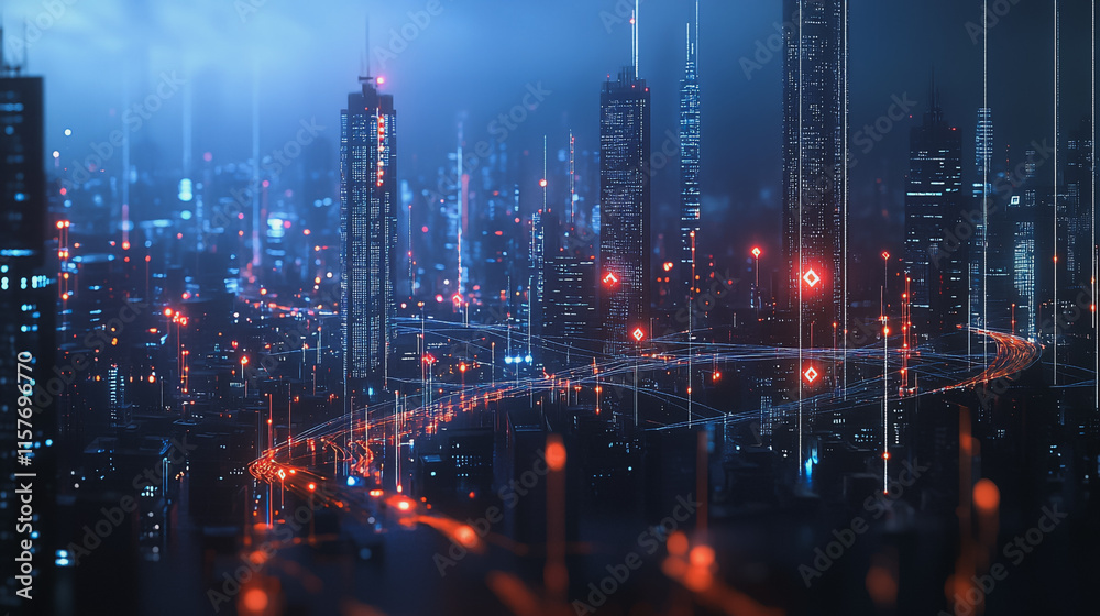 Fototapeta premium Smart digital Innovation city with connection network reciprocity over the cityscape. of future smart wireless digital city and social media networking systems that connects people with in city