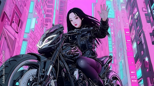 Anime Girl on Motorcycle in Neon Cityscape: Digital Painting AI Generated photo