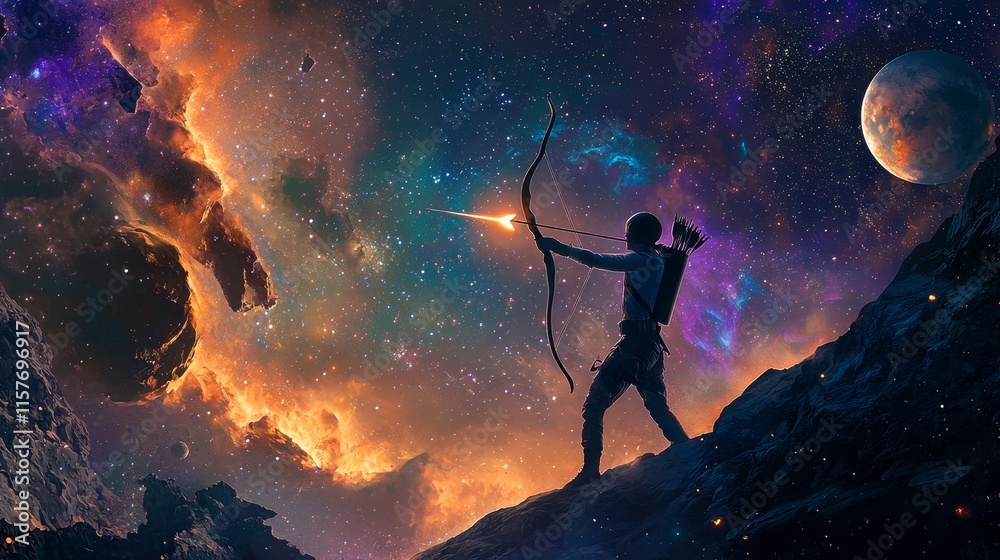 Fototapeta premium Archer aiming at a distant star amid a colorful cosmic landscape in deep space