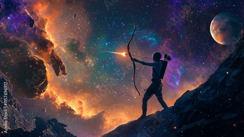 Wallpaper Mural Archer aiming at a distant star amid a colorful cosmic landscape in deep space Torontodigital.ca