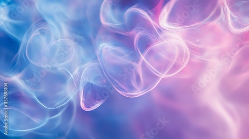 Ethereal Valentine abstract with soft lavender and blue hues, glowing heart trails and dreamy bokeh effects expressing tender emotions