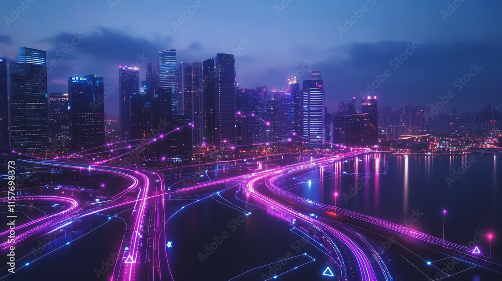 Fototapeta premium Smart digital Innovation city with connection network reciprocity over the cityscape. of future smart wireless digital city and social media networking systems that connects people with in city