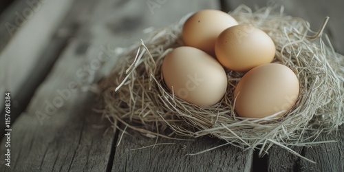 A natural scene of eggs laid in a nest on a wooden table photo