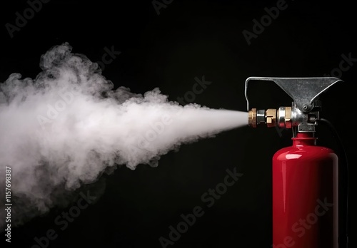  Fire extinguisher spraying white smoke on a black background.