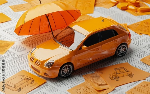 Miniature orange car under orange umbrella surrounded by paperwork related to vehicle ownership and insurance photo