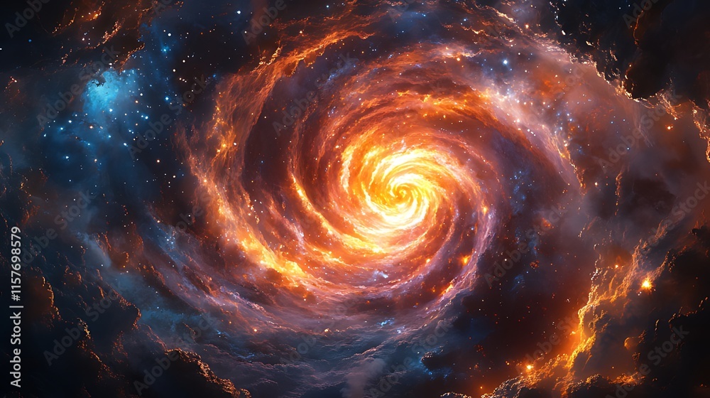 Fiery cosmic swirl, nebula, galaxy spiral, celestial fire, space art.