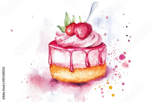 A colorful watercolor image of a strawberry cake photo