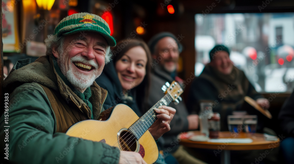 Happy man playing guitar, celebrating St Patrick's Day with friends in pub Happy man playing guitar, celebrating St Patrick's Day with friends in pub