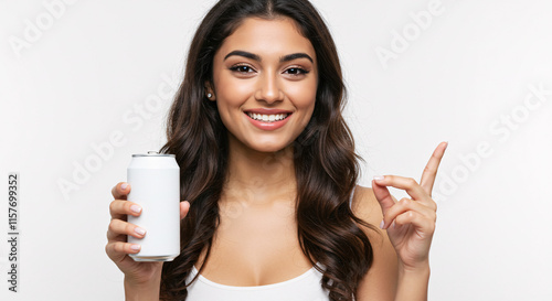 A beautiful girl pointing at a soda can