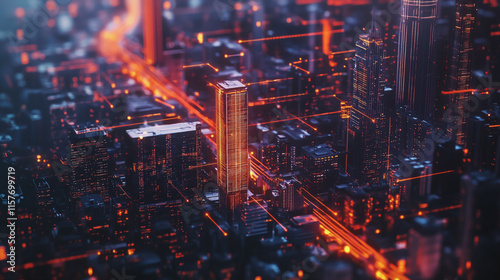 Smart digital Innovation city with connection network reciprocity over the cityscape. of future smart wireless digital city and social media networking systems that connects people with in city