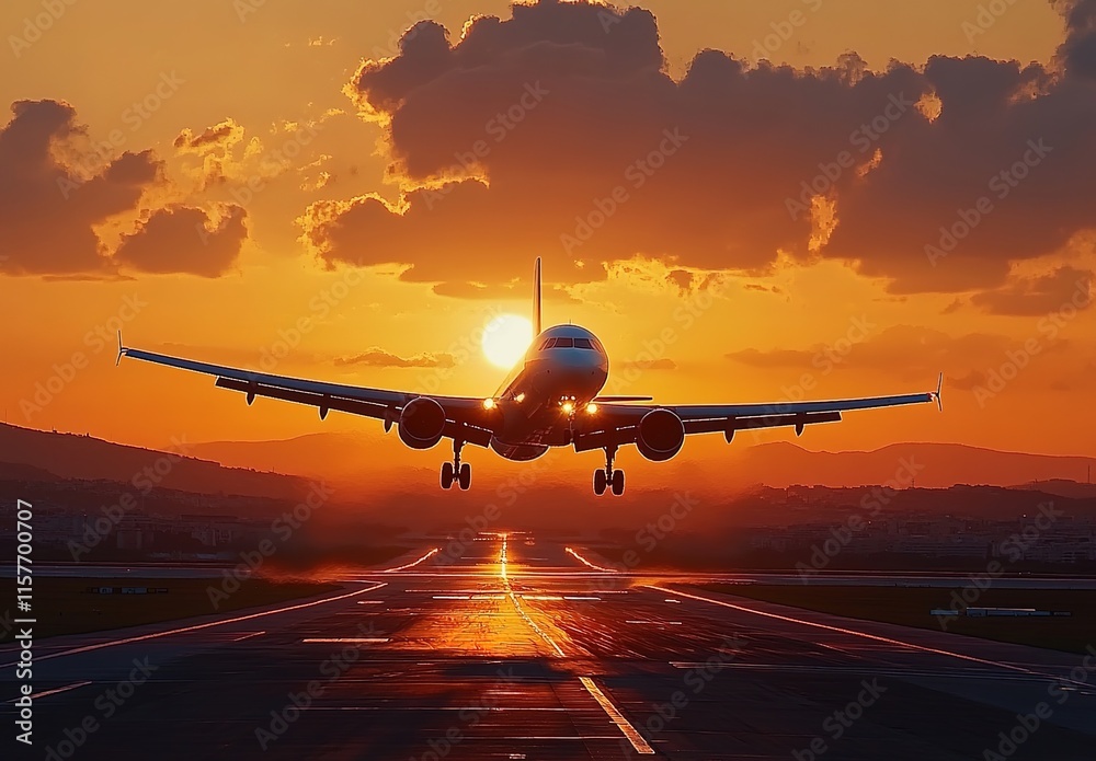 Naklejka premium A plane taking off at sunset, symbolizing the joy of travel and new adventures