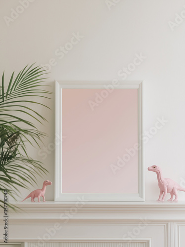 A vibrant pink mirror surrounded by dinosaur decorations, set against a white wall with a simple and cute overall design.