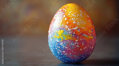 A colorful painted egg sits on top of a table, making for a unique decorative piece photo