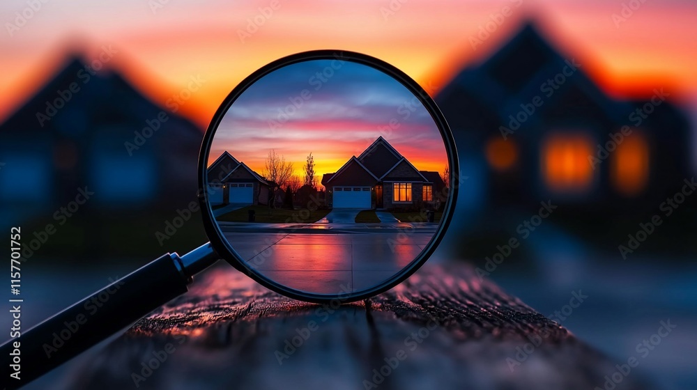 Magnifying glass focusing on houses at sunset. Magnifying glass focusing on houses at sunset.