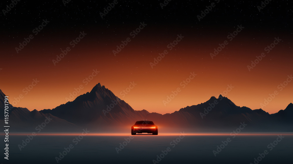 sleek vehicle parked against stunning sunset backdrop, surrounded by mountains. scene evokes sense of adventure and tranquility sleek vehicle parked against stunning sunset backdrop, surrounded by mountains. scene evokes sense of adventure and tranquility