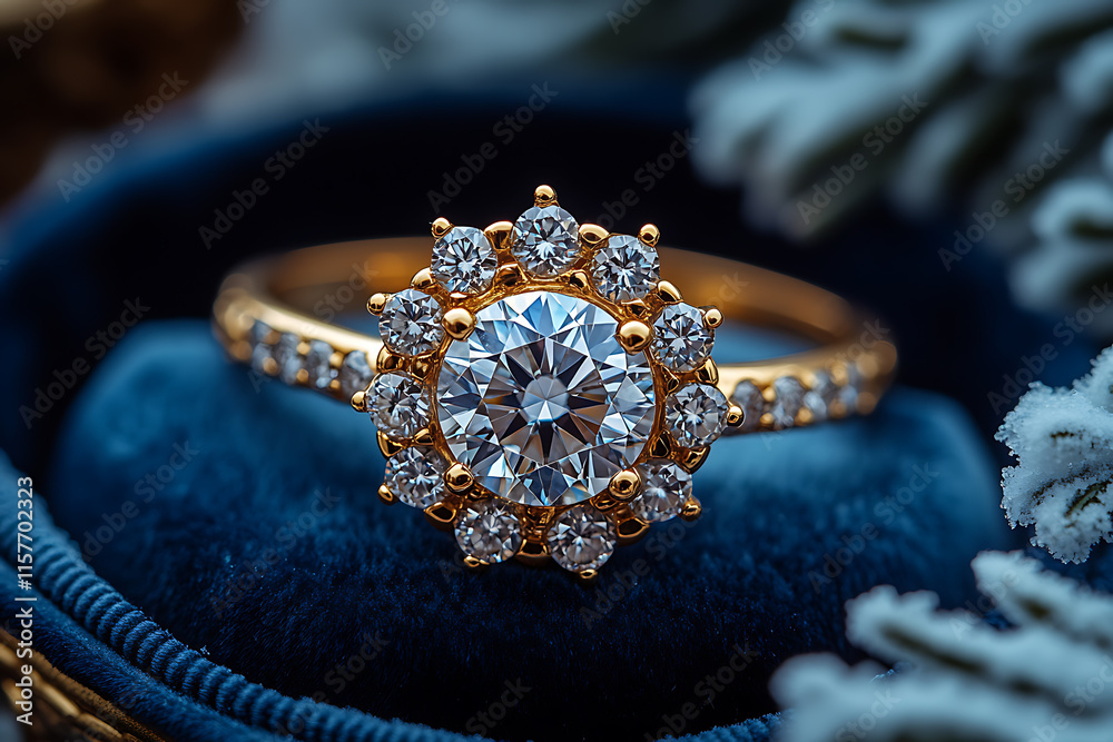A snowflake-shaped diamond ring nestled in a luxurious blue velvet box, surrounded by snowy pine branches, embodying the elegance and romance of a winter proposal A snowflake-shaped diamond ring nestled in a luxurious blue velvet box, surrounded by snowy pine branches, embodying the elegance and romance of a winter proposal