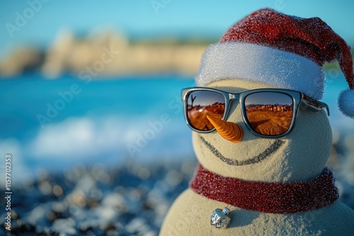 A cheerful snowman wearing sunglasses and a Santa hat, perfect for winter festivities or holiday marketing campaigns photo