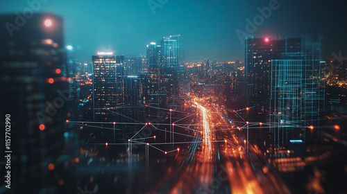 Smart digital Innovation city with connection network reciprocity over the cityscape. of future smart wireless digital city and social media networking systems that connects people with in city