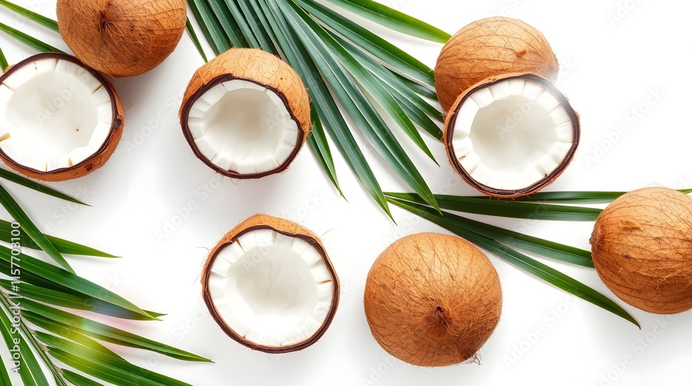 stock photo overhead bird’s eye view of coconut halves and whole coconuts with green leaves on a bright white background. stock photo overhead bird’s eye view of coconut halves and whole coconuts with green leaves on a bright white background.