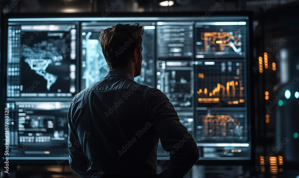 A person analyzing data on large screens in a high-tech environment. A person analyzing data on large screens in a high-tech environment.