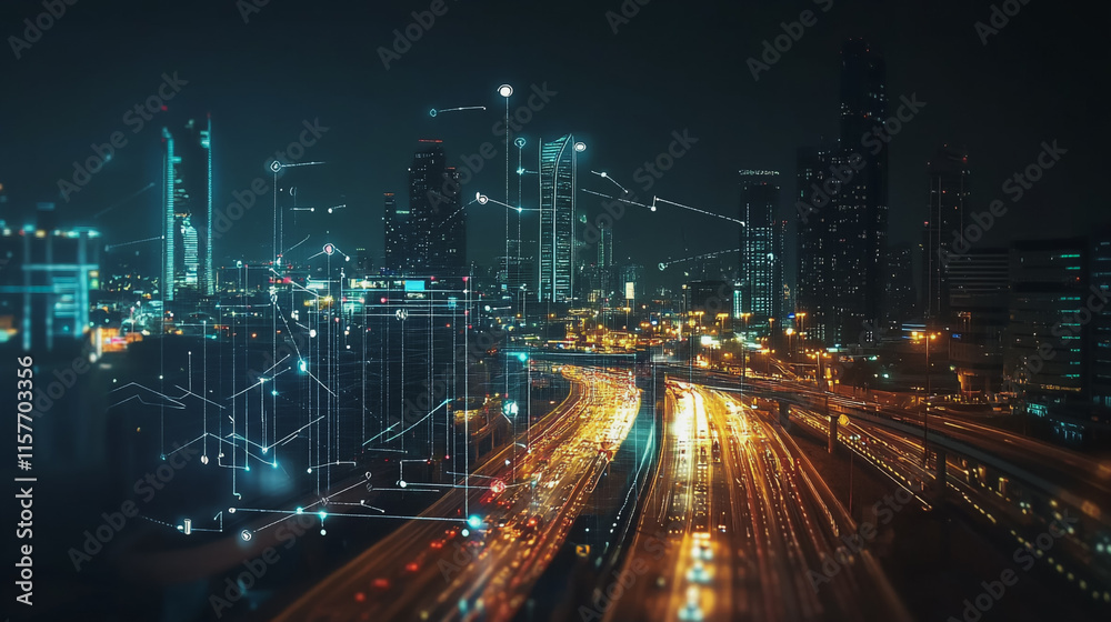 Smart digital Innovation city with connection network reciprocity over the cityscape. of future smart wireless digital city and social media networking systems that connects people with in city Smart digital Innovation city with connection network reciprocity over the cityscape. of future smart wireless digital city and social media networking systems that connects people with in city