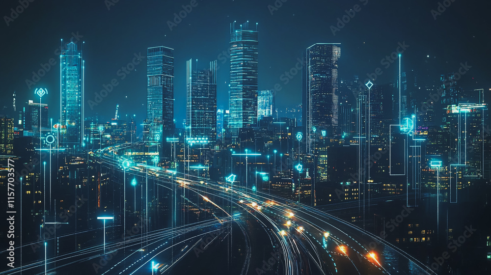 Fototapeta premium Smart digital Innovation city with connection network reciprocity over the cityscape. of future smart wireless digital city and social media networking systems that connects people with in city