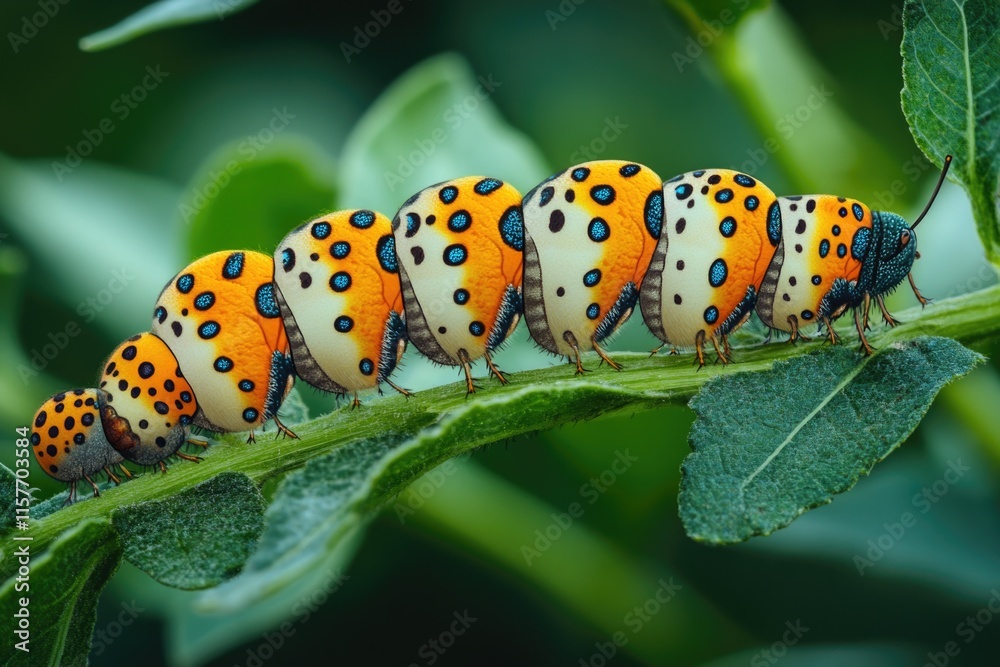 A detailed view of a caterpillar sitting on a leaf, ready to munch A detailed view of a caterpillar sitting on a leaf, ready to munch