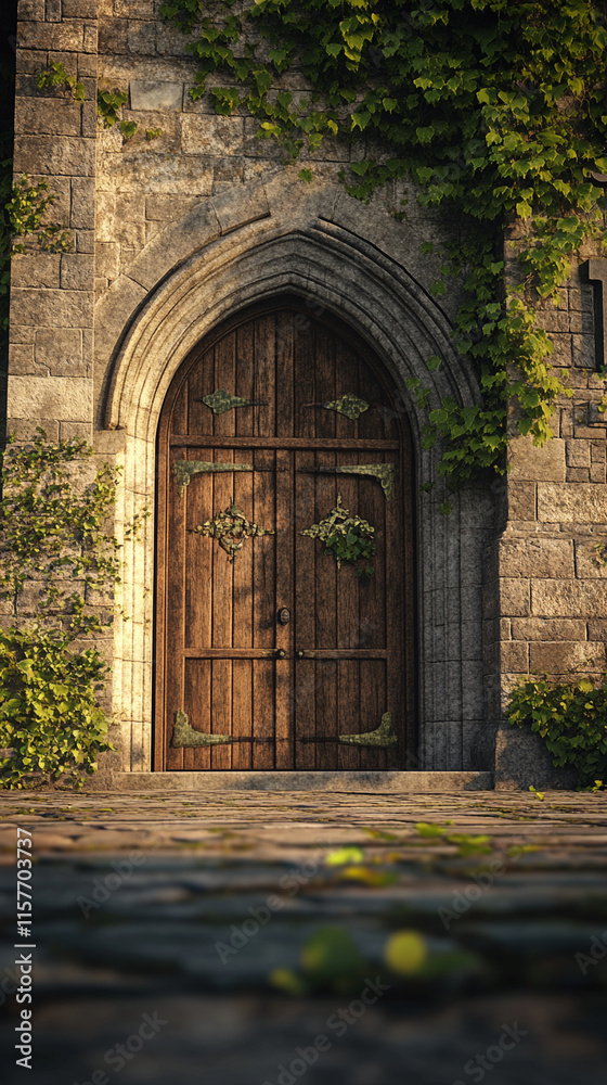 Fototapeta premium Ivy-covered stone arch door with sunlight