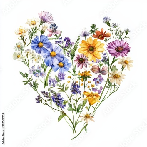 Wallpaper Mural Watercolor Wild Flowers in Shape of Heart Isolated on White Background  Torontodigital.ca
