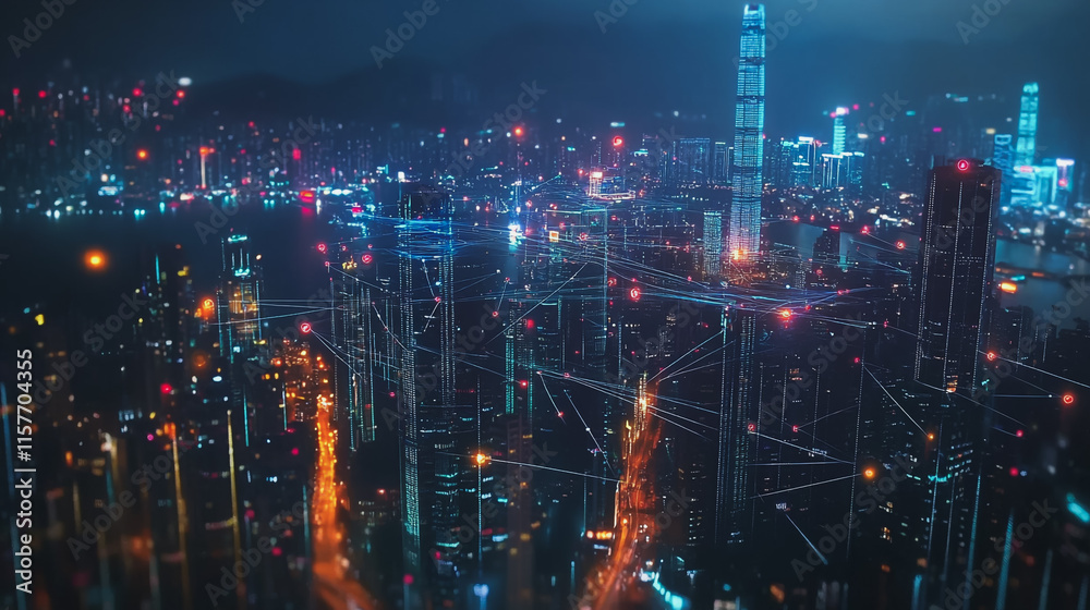 Fototapeta premium Smart digital Innovation city with connection network reciprocity over the cityscape. of future smart wireless digital city and social media networking systems that connects people with in city